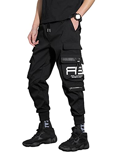 Astellarie Mens Casual Jogger Elastic Waist Pants Streetwear Hip Hop Cargo Pants with Multi Pockets