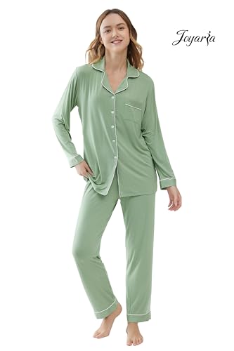 Image of Joyaria Women's Cooling Bamboo Viscose Pajama Set Long Sleeve Button Front | Hot Sleeper Comfort . Cooling Relief . Lightweight Feel for Sleeping & Lounging