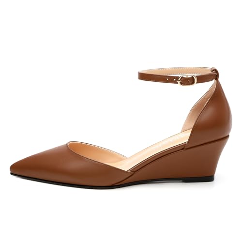 Womens Wedge Pumps, Pointed Toe Low Heel Wedges with Ankle Strap for Evening Party Dress Casual 2 Inch2