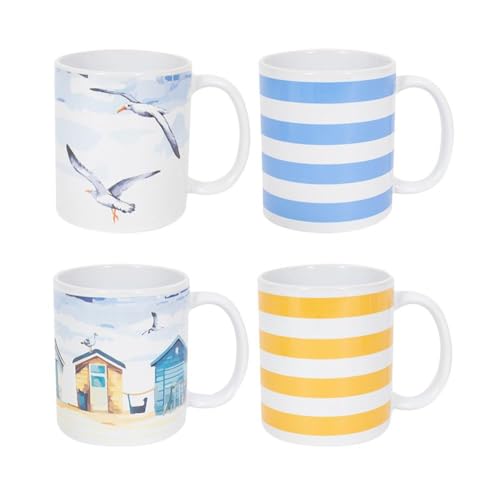 Set of 4 Mugs Seaside Beach Yellow Blue White Coffee Tea Cup Home Kitchen Stoneware