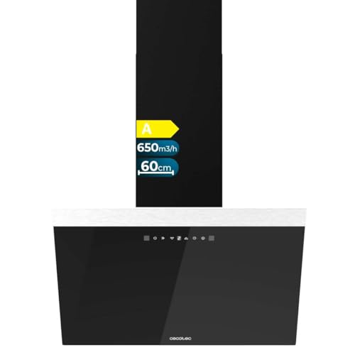Cecotec Campana Extractora Decorativa 60cm Bolero Flux DT 606500 Glass Black A. 165W en 3 Niveles, Acabado Frontal Vidrio Negro, Succión 650m3/h, Control Táctil, Booster, Luz, Filtro de Carbono