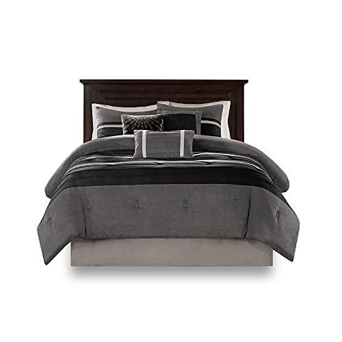Madison Park - Palmer 7 Piece Comforter Set - Black And Gray - California King - Pieced Microsuede - Includes 1 Comforter, 3 Decorative Pillows, 1 Bed Skirt, 2 Shams #TOP7