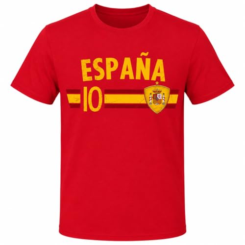 Spanien T Shirt Herren Damen Unisex Rot Fußball Fan Shirt España Vintage Look EM WM Länder Shirt Kurzarm Rundhals Baumwolle S-5XL mit oder ohne 10