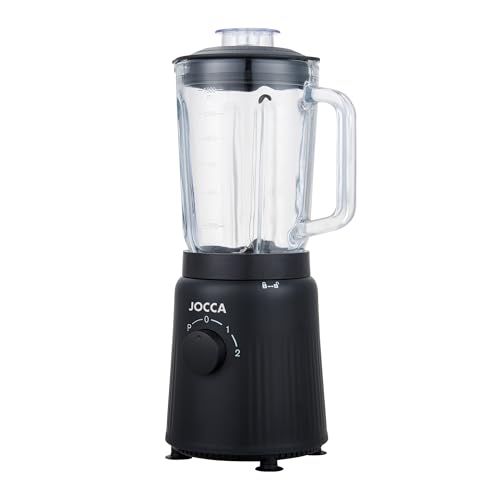 JOCCA - Batidora de Vaso con Jarra de Cristal 1,5L, 2 Velocidades + Pulse, Cuchillas de Acero Inoxidable, Sistema de Seguridad, Negro Mate, 1000W