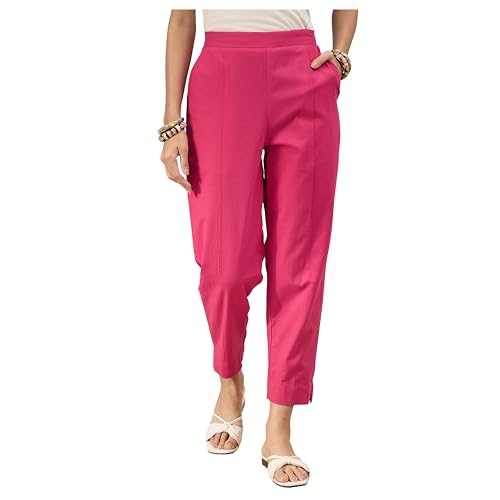 Image of D K W Women's Mid Rise Relaxed Fit Cotton Flex Trousers with Elastic Back & Drawstring - Ideal for Winter, Formal, Office & Casual Wear, Comfortable for Girls and Women
