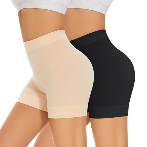 SIMIYA Radlerhose Damen Kurze Unter Kleid Rock Anti Scheuern Hotpants Kurze Leggings Damen Boxershorts Bequem Elastisch Unterhosen für den Alltag (Schwarz + Beige M)