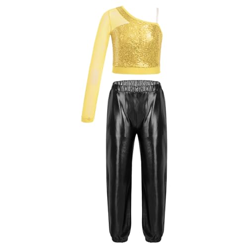 JanJean Kids Girls 2Pcs Dance Tracksuit Shiny Metallic Crop Top with Athletic Sweatpants Jazz Hip Hop Jazz Dance Costume Gold&Black B 14 Years