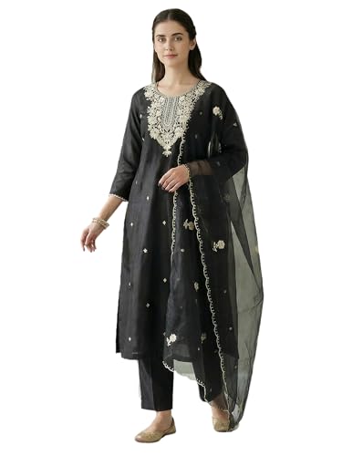 Image of INDO ERA Women's Cotton Blend Solid Straight Kurta with Pant & Dupatta Set