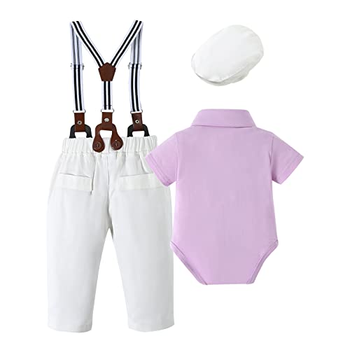 Nilikastta Baby Boy Clothes Gentleman Outfits Suits, Infant Short Sleeve Shirts + Suspender Pants + Bowtie + Beret Hat 0-18M(Purple,12-18M) #TOP3