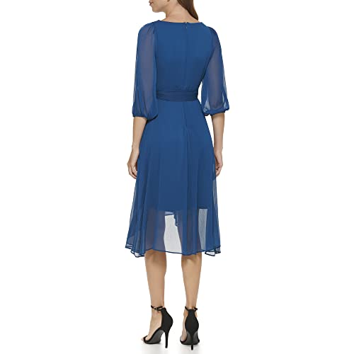 Image of DKNY Women's Chiffon Balloon Sleeve Faux Wrap Midi Dress with High-Low Hem