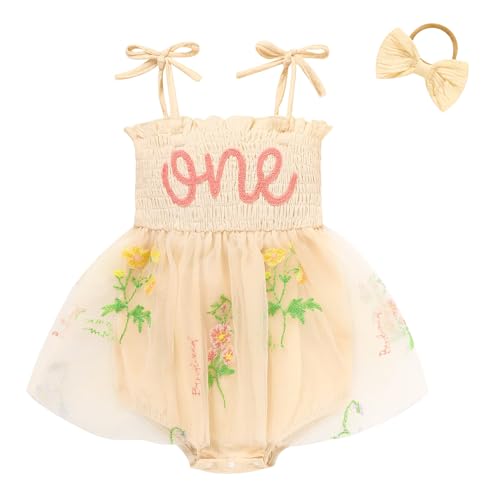 Image of TITKKOP Baby Girl 1st Birthday Clothes One Year Old Tulle Romper Sleeveless Bodysuit Cake Smash Outfits