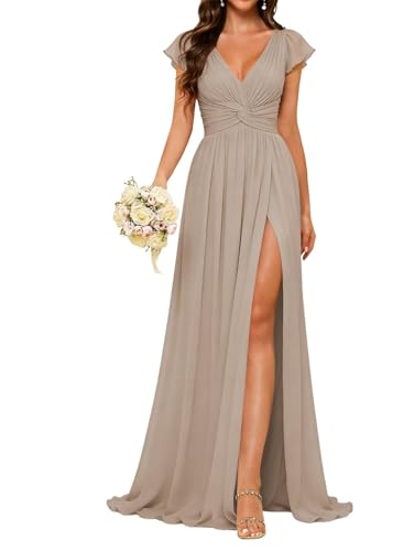 ZMKI626 Robe de demoiselle d'honneur à manches courtes en mousseline de soie avec fente, taupe, 34