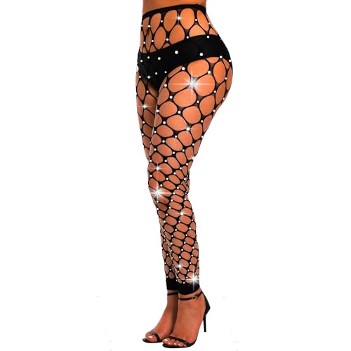 MANZI Womens Sexy Sparkly Rhinestone Footless Fishnet Stockings Glitter High Waist Fish net leggings Big Mesh Black Tights