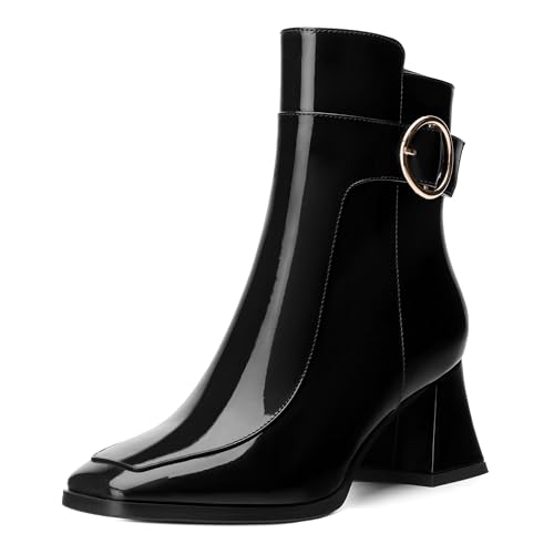 Womens Ankle Boots Side Zipper Ankle High Booties Square Toe Fashion Buckle Comfort Mid Chunky Heel Short Boot for Women