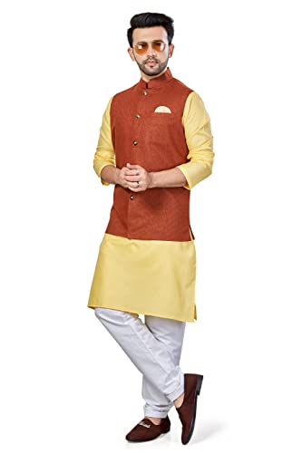 Image of BE ACTIVE Linen Blend Solid Pattern Trendy Comfortable Stylish Full Sleeve Kurta Pajama Set with Jacket Nehru Style Koti for Men's Ethnic Wear