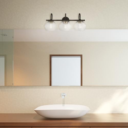 Image of Globe Electric 51853 3-Light Vanity Light, Dark Bronze, Antique Brass Accents, Clear Glass Shade, Beauty Room Accessories, Bathroom Lights Over Mirror, Makeup Mirror Lights, Bulb Not Included