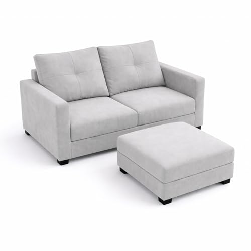 Image of FURNY Heritage 2 Seater Fabric Sofa Set with 1 Ottoman (Light Grey) with Velvet Finish | Durable Comfort | Ideal for Living Room