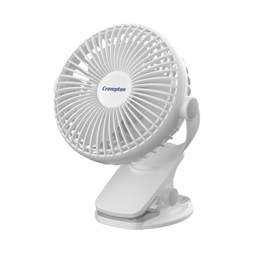 Image of Crompton Siro Rechargeable Clip Fan 100MM | Safety Grill Design | Replaceable Battery | Type-C Charging | 360 Adjustable Rotation | Personal Cooling Fan for Desk, Bedroom & Travel (White)