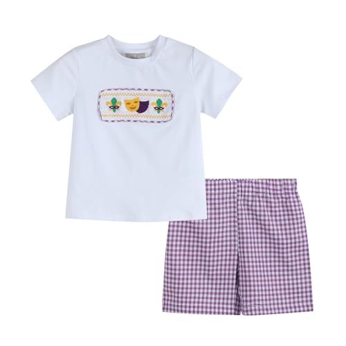 Lil cactus Mardi Gras Smocked Tee and Purple Gingham Shorts Set, 5 Years