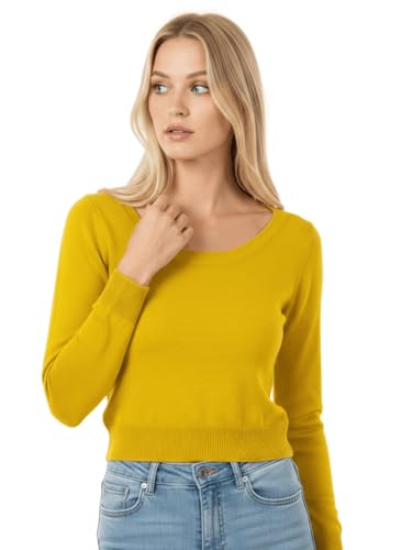 Image of Women's Crop Top Stretch Sweater - Long Sleeve Slim Bodycon Crewneck Casual Basic Solid Cropped Knit Pullover Top