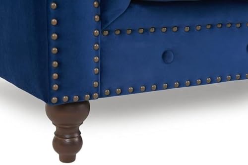 Image of Modern and Stylish 3 Seater Chesterfield Luxury Sofa with Valvet and Fabric Comfortable Sofa for Living Room, Dining Room, Hallway, and Office-(Blue).