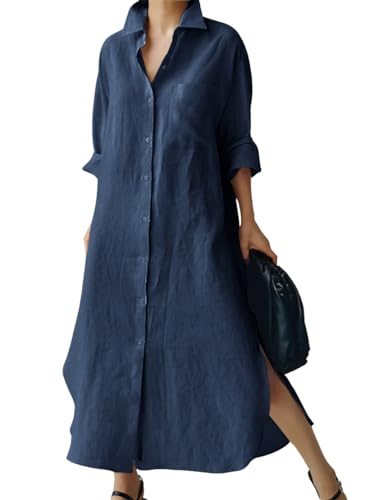 chouyatou Women's Spring Button Down Cotton Shirt Dress Summer Flowy Side Slit Maxi Shift Dress