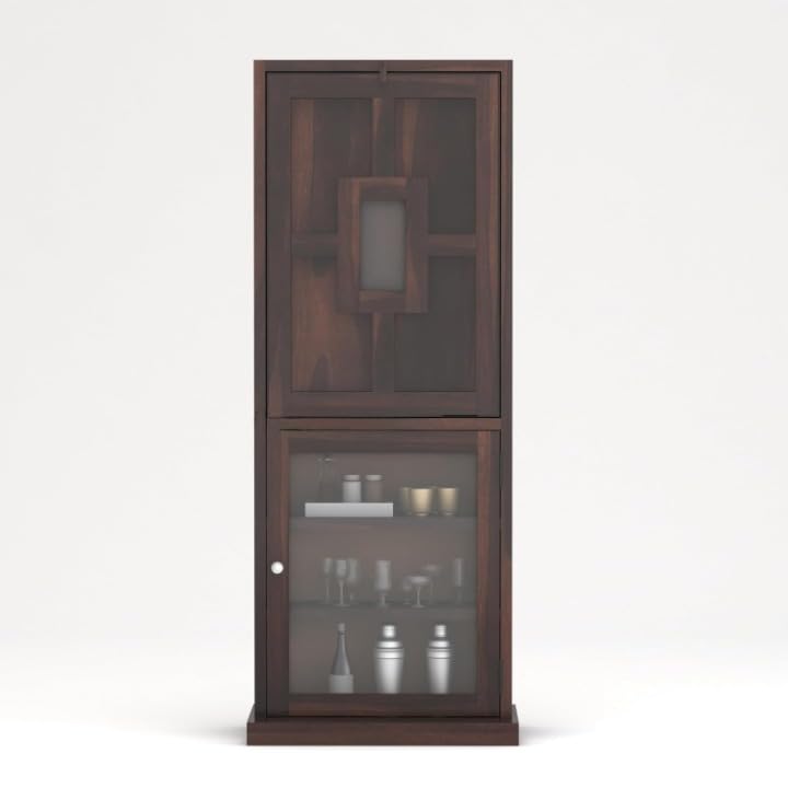 Image of Wooden Bar Cabinet for Home - Large Bar Unit for Living Room with Wine Rack - Foldable Table & Glass Door Storage | Sheesham Bar Table for Home & Bar Counter (Natural)