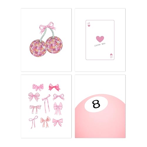 IKORNUO Preppy Wall Posters for Bedroom Aesthetic, Pink Disco 8 Ball Poker Bows Wall Art Prints, Cute Coquette Room Decor for Girls, 8x10 in, Set of 4, Unframed