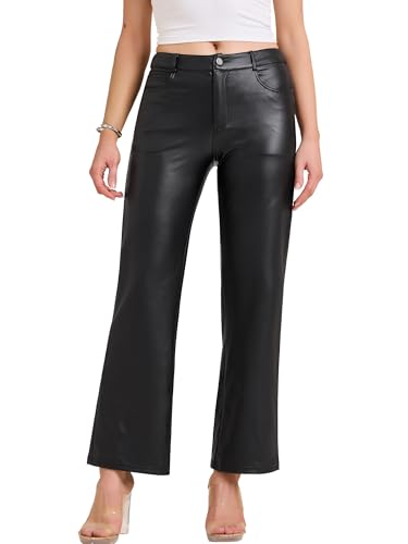 Allegra K Women High Waist Straight Leg Leather Pants with Pockets Black