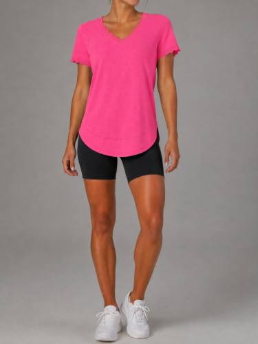 Fisoew Womens Short Sleeve T Shirts V Neck Scalloped Tunic Tops Summer Workout 2026 Trendy Casual Basic Dressy Tees Rose Red — view 5