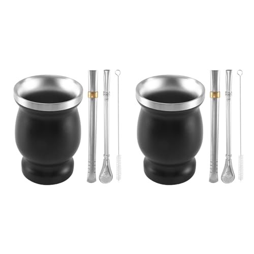 Mucshim Juego de 2 tazas de té de calabaza Yerba Mate de doble pared inoxidable con 2 pajitas de bombillas y cepillo limpio, color negro