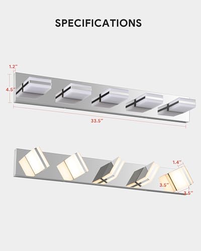 Image of VONLUCE Bathroom Vanity Light Fixture, 5-Light Modern LED Vanity Light, 3CCT Adjustable Bathroom Lights with Memory Function Rotatable Shades, 34 inch Wall Lighting Fixture Over Mirror, Chrome