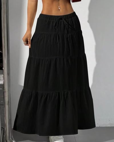 Image of Jawdrobe Women's Georgette Ruffle Hem Long Flared Skirt Lightweight Soft Fabric| High-Waisted Ruffled Maxi Plain and Pleated Skirt