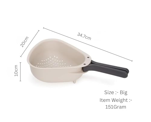 Image of Beige Colander - Folding Handle for Space Saving, Perfect for Rinsing Vegetables, Pasta, Berries, Grains - Compact Kitchen Strainer (1 Pcs) (Big)