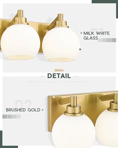 Image of Bathroom Light Fixtures, 4 Light Brushed Gold Vanity Light, 26 Inch Modern Wall Sconces with Globe Milk White Glass Shade, Vanity Lighting Fixtures Over Mirror, VL195-BG-ML-4