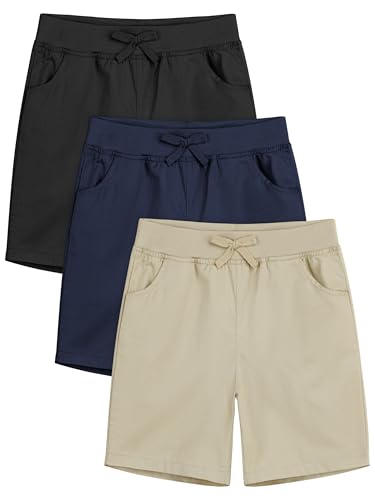Resinta 3 Pack Girls School Uniform Bermuda Shorts Pull-on Cotton Chino Elastic Waist Soft Play Shorts with Pockets 5-13Y