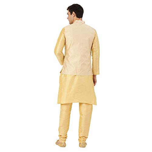 Image of SOJANYA (Since 1958 Men's Cotton Linen Maroon Kurta and White Pyjama with Mustard Cotton Nehru Jacket