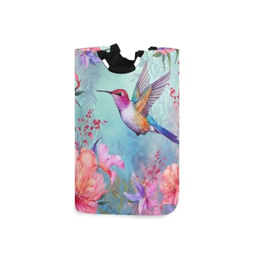 Jihqo Laundry Hamper Basket Watercolor Floral Hummingbirds Collapsible Nursery Storage Bin Waterproof Clothing Baskets for Home Bedroom Bathroom Washing Room