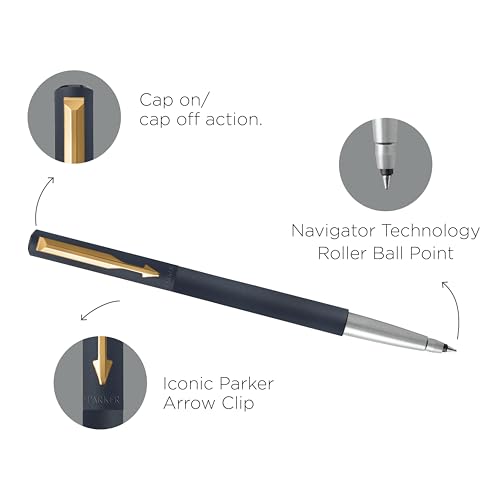 Image of Parker Vector Matte Black Gold Trim Roller Ball Pen and Card Holder, Blue Ink, Medium Point - Gift Set for Professionals, Executives, and Students