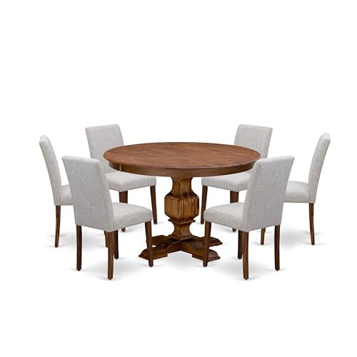 East West Furniture F3AB7-N35 7 Piece Dining Room Furniture Set Consist of a Round Dining Table with Pedestal and 6 Doeskin Linen Fabric Upholstered Chairs, 48x48 Inch, Antique Walnut