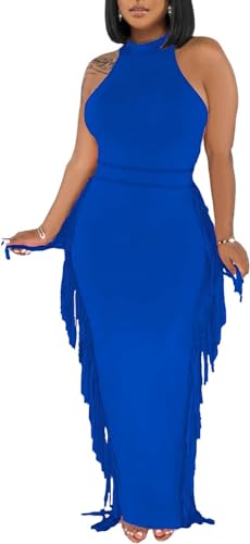 Image of 2 Piece Outfits for Women Sexy Halter Neck Sleeveless Crop Tops Ruched Bodycon Dresses Jumpsuits Fringe Skirt Sets