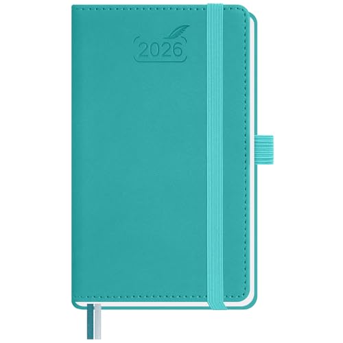 BEZEND Pocket Diary 2026 Small Week to View Full Year 15.5 x 9 cm - A6 Slim Weekly Planner 26 with Inner Pocket, Pen Holder & PU Leather Hardback - Turquoise