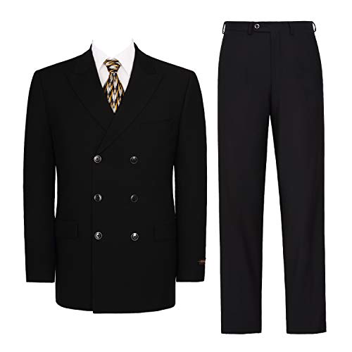 Pio Lorenzo Men's Double Breasted Suit 2-Piece Classic Fit Peak Lapel Solid Jacket Dress Pants Black