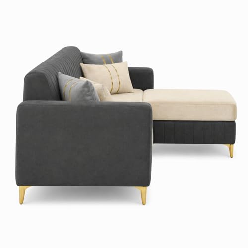 Image of CASASTYLE Noviq 4 Seater L Shape Sofa Set with Movable Ottoman | Flexible Left or Right Layout | Cozy Velvet Fabric | Soft Touch Seating | Modern Designer Sofa for Living Room (Dark Grey-Cream)