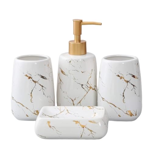 バスルームコンテナセット モダンなバスルーム用セラミック詰め替えポンプボトル(パウダールーム用)マウスウォッシュカップソーサー付き ファームハウス風の家庭用デコレーション(White,4)