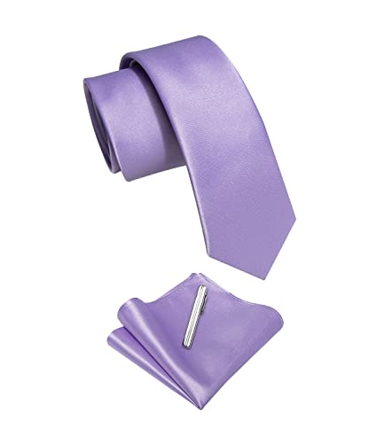 Image of YourTies Skinny Ties for Men Satin 2.4 inch Slim Necktie with Pocket Square Tie Clip Set Solid Color Wedding Party Business