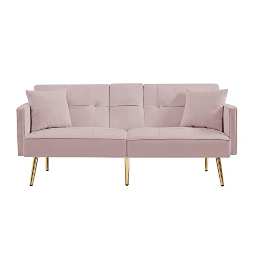 Convertible Sofa Bed Futon Sleeper Sofa Upholstered Loveseat Sofa Couch With Cup Holder & Side Pocket, Velvet Folding Sofa With Adjustable Back, For Small Space, Living Room, Pink #TOP5