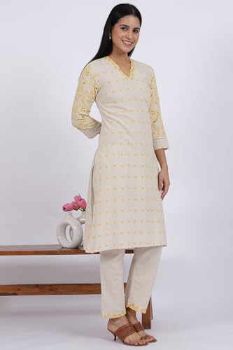 Image of W for Woman Embroidered Lace Cotton Blend Straight Kurta & Straight pant Set