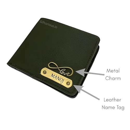 Image of Customised Original Leather Wallet for Men with Name, Personalized Unique Purse (Olive Green) Stylish Gift for Brother, Husband, Boyfriend, Father, Birthday, Valentine's Day, New Year.