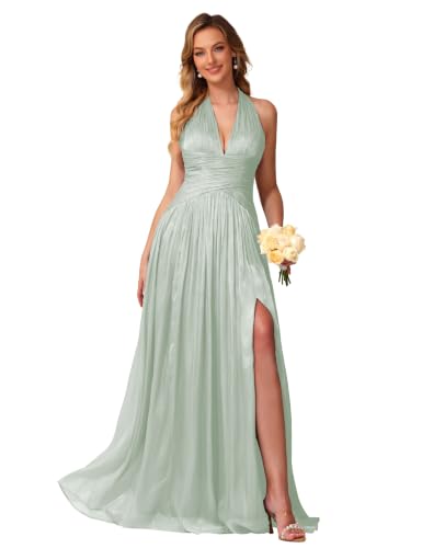 Image of Shimmer Chiffon Bridesmaid Dresses for Women Long | Deep V Neck,Pleated,Knotted,Empire Waist,with Slit,Breathable,Lightweight,Flowy,Formal Evening Dress